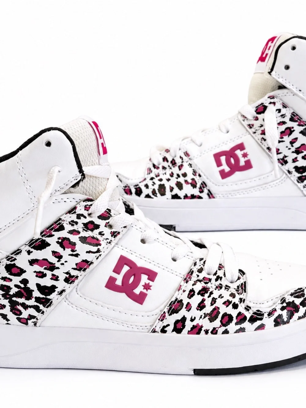 DC Cure Hi White High-Top Sneakers with Pink Leopard Accents